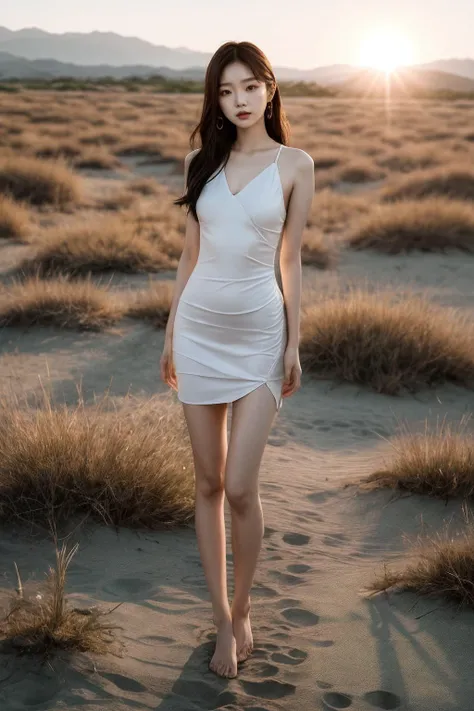 An [adult Korean fashion model[ | Lee Sung-kyung | Irene Kim:2]], long legs, tiny tight dress, sunshine, bare feet, subsurface scattering, romantic, dramatic