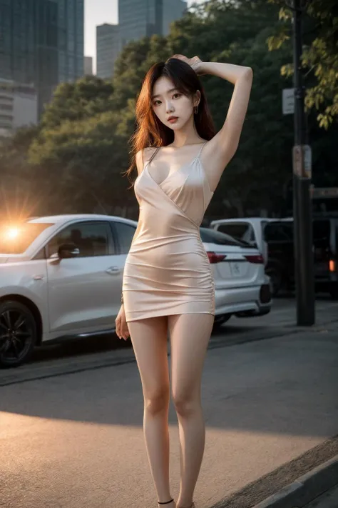 8K, Masterpiece, RAW photo, Best quality, Photorealistic, Extremely detailed CG unifies 8K, 8K, Diamond, and wallpaper, Depth of field, Cinematic light, Lens flare, Ray tracing, (Extremely beautiful face, Beautiful lips, Beautiful eyes), intricate detail face, ((ultra detailed skin)) 1girll, In the dark, deepshadow, Beautiful Chinese girl, Kpop idol, 1 girl, (Very slim and slender muscular body:1.3), ((view the viewer)),(Big smile:1.3), (Fashion night, Dark night, (neon lights sign), (Blurred background), Fashion Street Night),(No one is in the background:1.3), Beautiful earrings, bangle, necklace, Pantyhose, Clear eyes, Walking, (Pale skin), (Big eyes), Face forward, (brown hairs), (Full body shot), ((Silk hot transparent dress:1.3)), ((tightly dress)), ((laced dress)), (view the viewer:1.3) open breast, Very slim, Medium breasts, Turn Back, (Back shot), Ass focus, Before the eyebrows,(Tight dress), Thick thighs, Mini dress,Raise your legs，