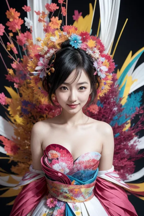 [style of Alberto Seveso : real life photo : 0.66],
happy [charming Japanese woman| Masami Nagasawa | Haruka Ayase], papercraft, color splash, fractal art, intricate abstract background