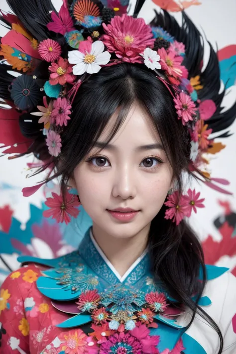 [style of Alberto Seveso : real life photo : 0.66],
happy [charming Japanese woman| Yui Aragaki | Satomi Ishihara], papercraft, color splash, fractal art, intricate abstract background