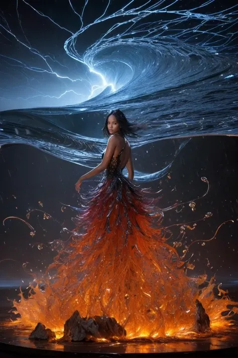 [style of Noah Bradley : real life photo : 0.75],
[charming adult African woman | Tyra Banks  | Alek Wek] looking back , water streams, chain lightning, fire tornado, liquid hair, [fractal art:0], [chaotic particles:1], [intricate colorful fusion:1], [paper craft:1]