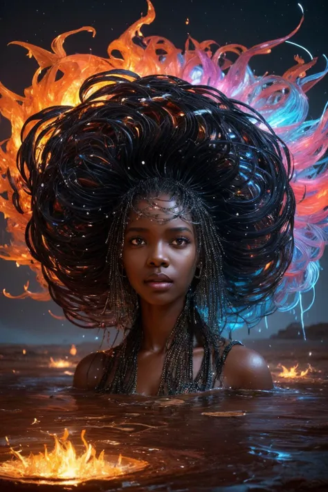 [style of Noah Bradley : real life photo : 0.75],
[(charming adult African woman) | Leomie Anderson  | Maria Borges] [face | ,moon | ,sun], water streams, chain lightning, fire tornado, liquid hair, [fractal art:0], [chaotic particles:1], [intricate colorful fusion:1], [paper craft:4], wild desert