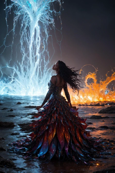 [style of Noah Bradley : real life photo : 0.75],
[charming adult African woman | Tyra Banks  | Alek Wek] looking back , water streams, chain lightning, fire tornado, liquid hair, [fractal art:0], [chaotic particles:1], [intricate colorful fusion:1], [paper craft:1]