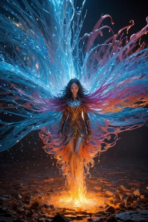 [style of Noah Bradley : real life photo : 0.75],
[(charming adult African woman) | Alek Wek  | Tyra Banks], water streams, chain lightning, fire tornado, liquid hair, [fractal art:0], [chaotic particles:1], [intricate colorful fusion:1], [paper craft:3], from above