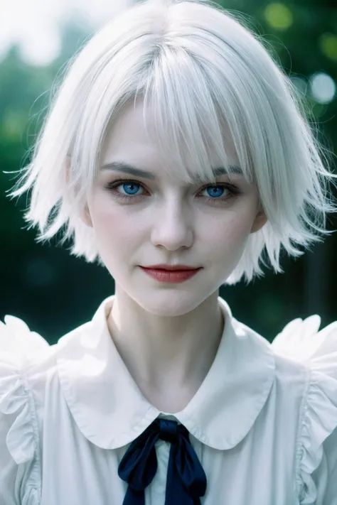 an evil demonic woman,
white hair, blue eyes, short messy hair,
happy, peaceful mood,
analog photo