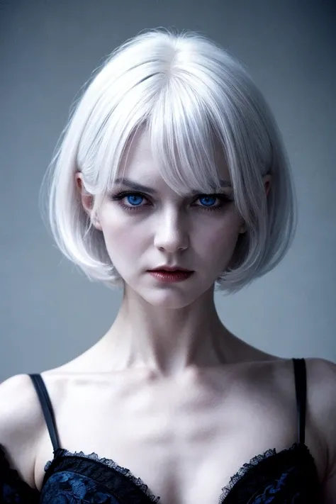 an evil demonic woman,
white hair, blue eyes, short messy hair,
arrogant mood,
analog photo