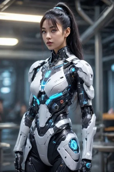 A seductive mixed race women wearing cybernetic armor, candid relaxed ambiance, <lora:AgainMix_v1.4Cyber:0.75>