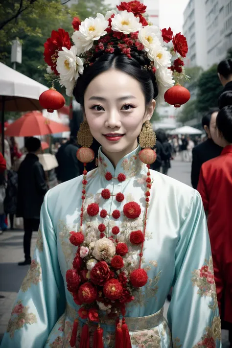 A photo of a smiling [charming adult woman : [Tang Wei | Zhang Jingchu] : 0.2] wearing Chinese clothes, jewelry, peony flowers, hair ornament,
catwalking, street fashion show,
happy, warm, romantic, film grain
<lora:white qipao:0.75>