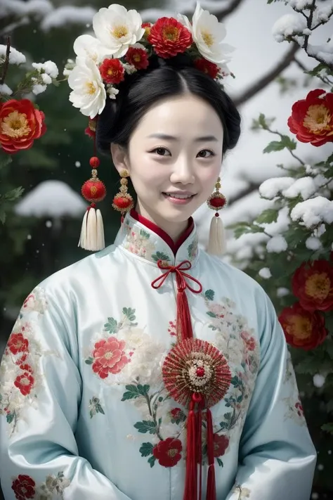 A picture of a smiling [charming adult woman : [Tang Wei | Zhang Jingchu] : 0.2] wearing Chinese clothes, jewelry, peony flowers, hair ornament,
outdoors, nature, snowing,
happy, romantic, gongbi color ink style
<lora:white qipao:0.75>