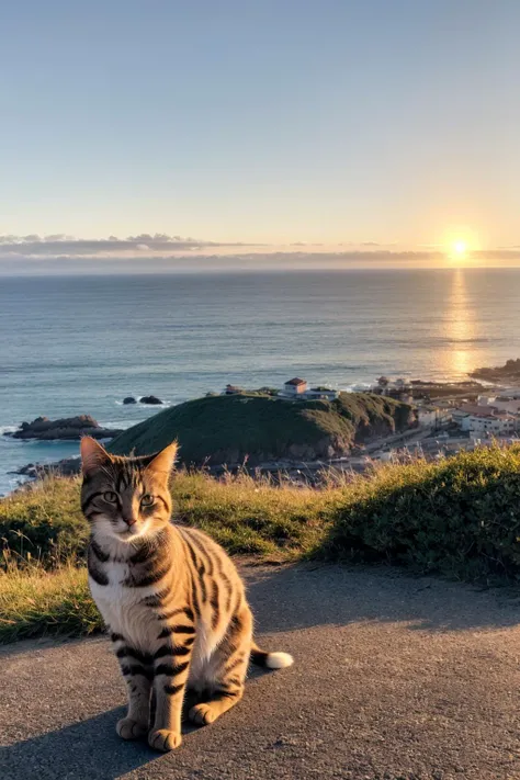 A cat, short fur, dynamic posture, glistening,
outdoors, mountainous horizon, sunrise, ocean,
feeling peaceful and happy, soft light