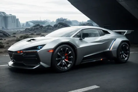 A futuristic brutal car, armored evil vehicle, sharp edges, helium reactor, dangerous science fiction, battle tech, whimsical environment
