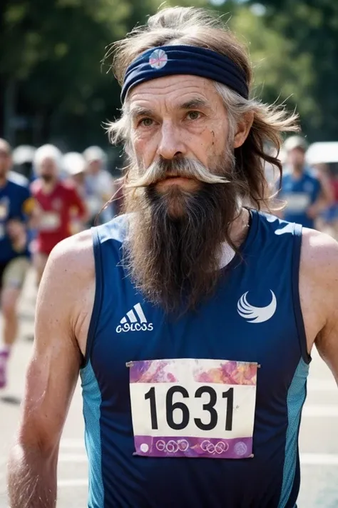 An elderly hippie man running, athletic, beard, moustache, messy hair, marathon race, vintage Olympics dress, sweat stains, [cinematic : real life analog : 0.5] photo, film grain