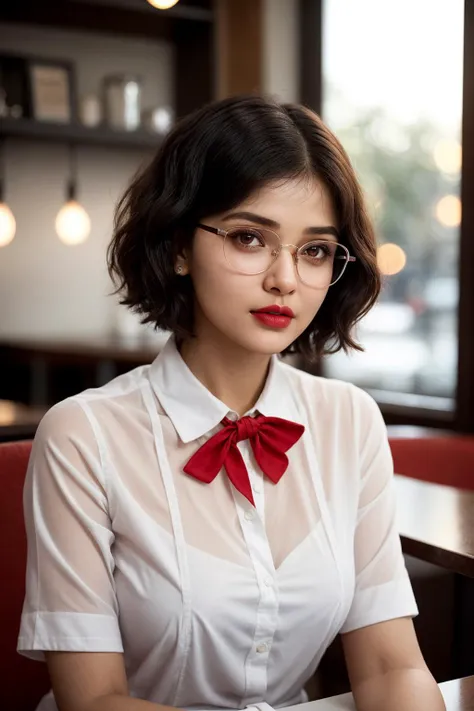 A young nerdy woman sitting in a café, white shirt, neck bow, short curly haircut, slender, red lips, transparent fabric, cozy atmosphere, warm light, [[Mia Khalifa | Aishwarya Rai]:2]