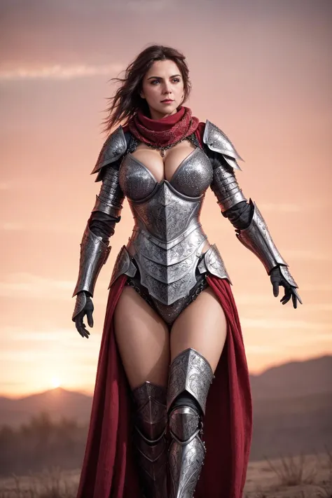 A feminine knight, sparkling eyes, natural makeup, chain mail Faulds, short messy windy hair, gigantic breasts, cleavage, intricately engraved full body armor, red scarf, red sky, at sunset, dynamic pose, [style of Karol Bak : film grain, real life photo : 0.75]