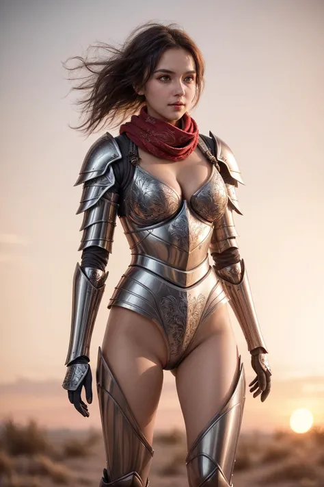 A female knight, feminine shapes, sparkling eyes, natural makeup, short messy windy hair, cleavage, intricately engraved full body armor, red scarf, at sunset, dynamic pose, [style of Karol Bak : film grain, real life photo : 0.75]