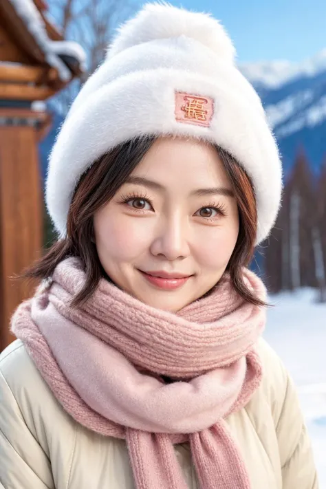 A charming Chinese adult woman, sweater, ski hat, scarf, snowy background, amateur photo, natural skin, blush, [:[Ming Na Wen | Liu Yifei]:0.1]