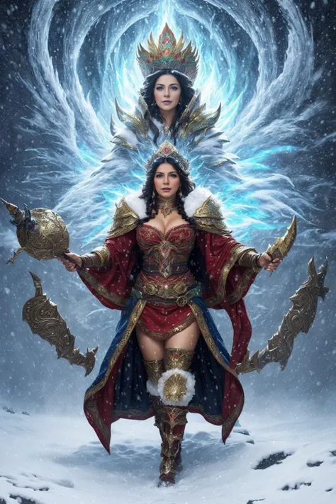 A charming adult Mexican woman casting an epic snowstorm, fantasy artwork, impressive painting