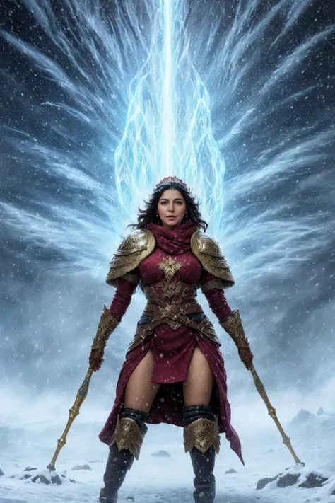 A charming adult Mexican woman casting an epic snowstorm, fantasy artwork, impressive painting