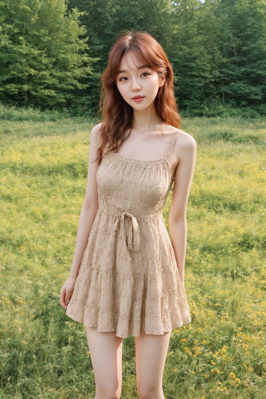 A close up of a woman standing in a field of grass - SeaArt AI