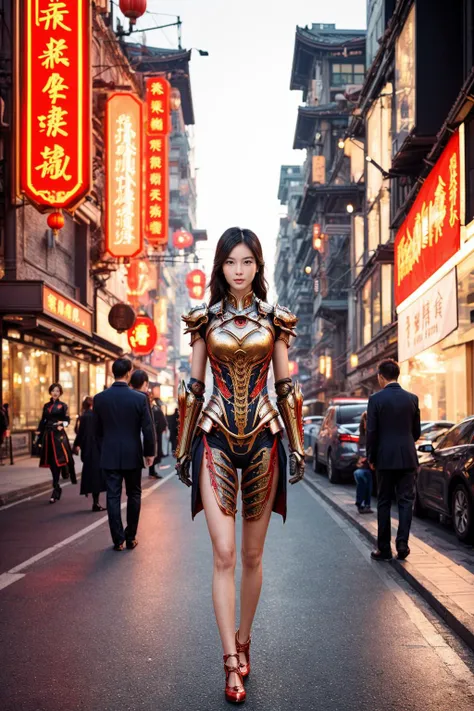 An adult Chinese fashion model wearing [short liquid sundress : elegant biomechanical armor :0.38],
an evening city street,
romantic, real life photo, film grain,
[[Sui He | Fei Fei Sun]:0.1]