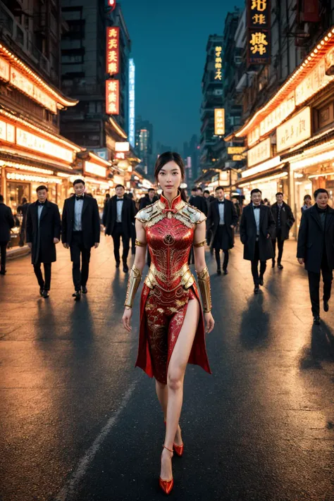 An adult Chinese fashion model wearing [short liquid sundress : elegant biomechanical armor :0.37],
an evening city street,
romantic, real life photo, film grain,
[[Sui He | Fei Fei Sun]:0.1]