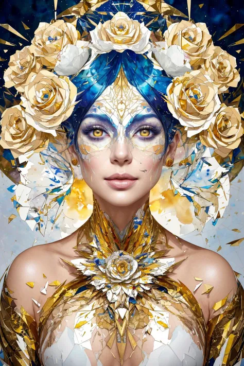 An abstract geometrical painting of woman's face, golden and white roses, detailed symmetric circular iris, shattered paper fragments, intricate complex watercolor painting, color explosion, ink drip, volumetric lighting, metallic reflections, inspired by Alberto Seveso