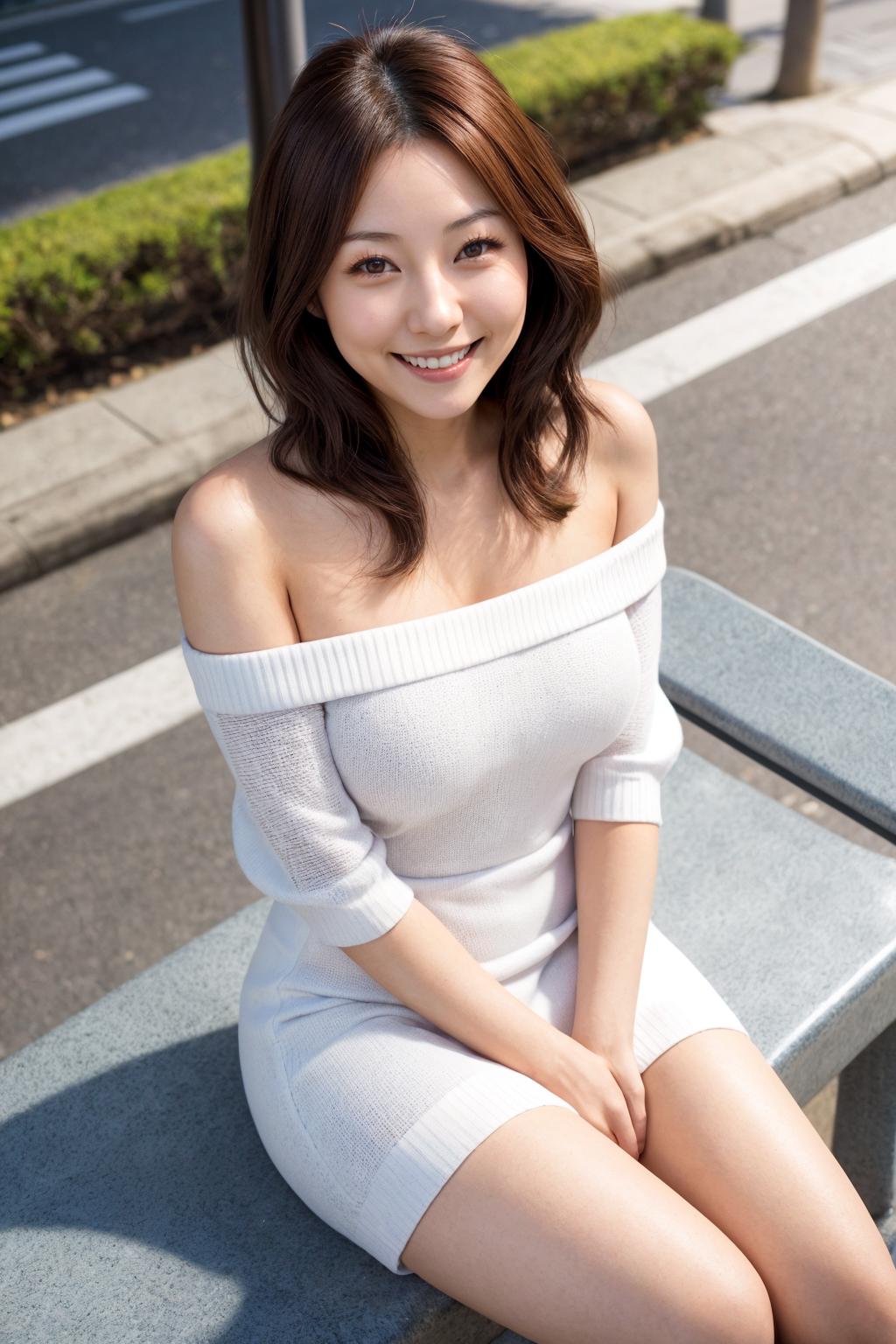 Araffe asian woman sitting on a bench in a white dress - SeaArt AI
