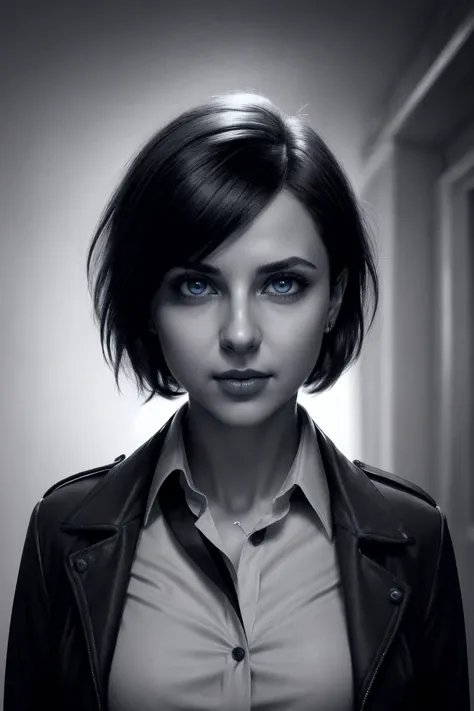 A photorealistic striking greyscale sketch in the vein of Shahab Alizadeh's work, showcasing a bright-blue eyed woman character with short hair dressed in a collared shirt and jacket adorned with jewelry maintaining her composure through a closed mouth expression while looking directly at the viewer.
<cdt:d1=2;d2=2;hrs=1;hd1=2;hd2=2;st1=12;st2=1>