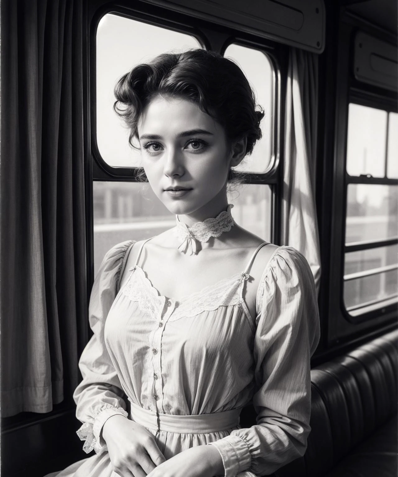 1900s \(style\) photo of 20 year old jp-Kraasni-50 ,Gibson Girl look, rosy cheeks, Delicate lace teddy, choker, Vintage train car, lace curtains, Graflex 4x5, 135mm f/4.5, 1/2s, ISO 50, Ilford Pan F