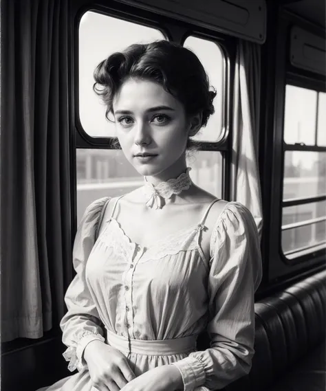 1900s  \(style\)  photo of  20 year old  jp-Kraasni-50 ,Gibson Girl look, rosy cheeks, Delicate lace teddy, choker, Vintage train car, lace curtains, Graflex 4x5, 135mm f/4.5, 1/2s, ISO 50, Ilford Pan F