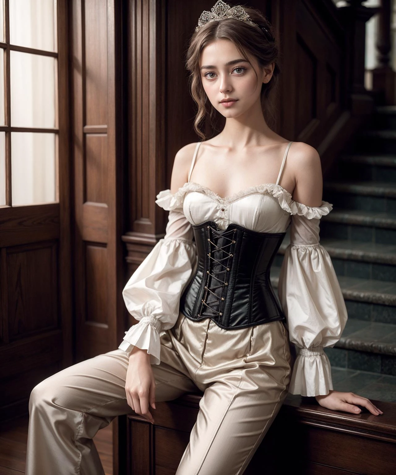 1900s \(style\) photo of 20 year old jp-dscute1-4750 ,Gibson Girl, rosebud lips , Silk corset cover with matching tap pants , Grand staircase , Caméflex, 90mm f/3.5, 1/100s, ISO 50, Lumière Autochrome