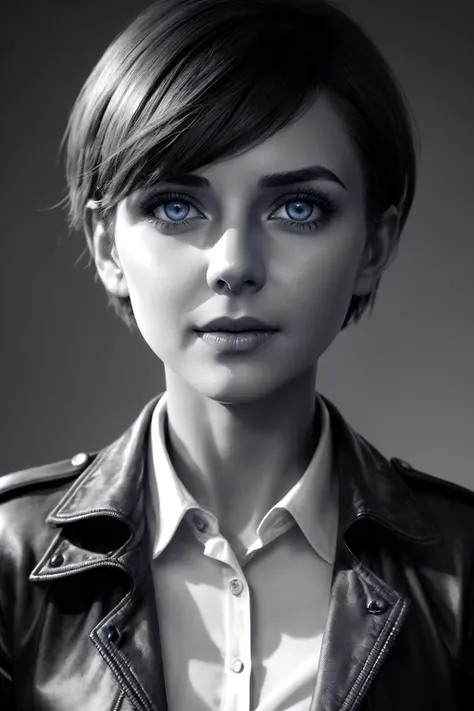 A photorealistic striking greyscale sketch in the vein of Shahab Alizadeh's work, showcasing a bright-blue eyed woman character with short hair dressed in a collared shirt and jacket adorned with jewelry maintaining her composure through a closed mouth expression while looking directly at the viewer.
<cdt:d1=2;d2=2;hrs=1;hd1=2;hd2=2;st1=12;st2=1>