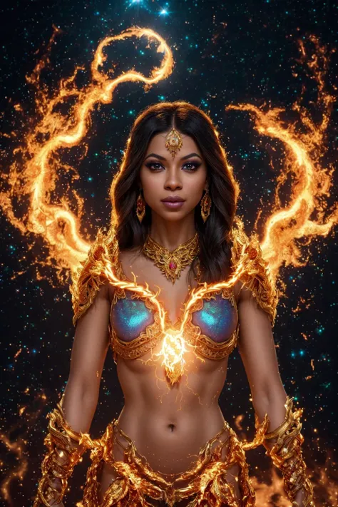 A [depiction : real life photo : 0.75] of a <'EM_1'> , intricate golden jewelry, flaming skin,
particle cloud, dark environment, flaming halo,
extra detailed [fractal art::2], iridescent