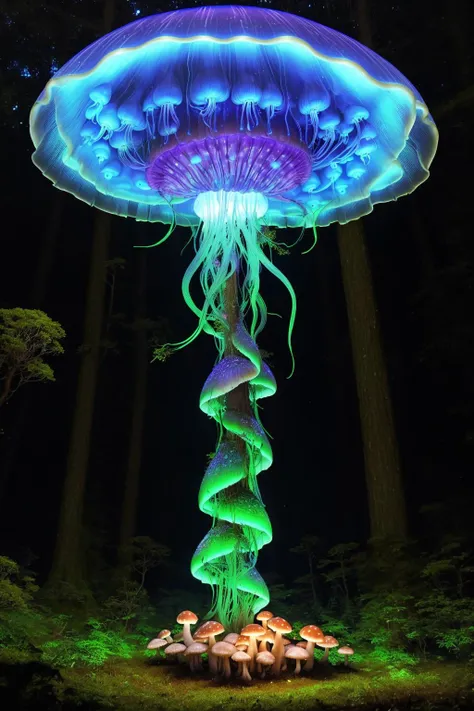 A jellyfish forest with mushrooms glowing in the dark, a forest fantasy in a nature scenery,
<cdt:d1=2;d2=2;hrs=1;hd1=2;hd2=2;st1=12;st2=0>
