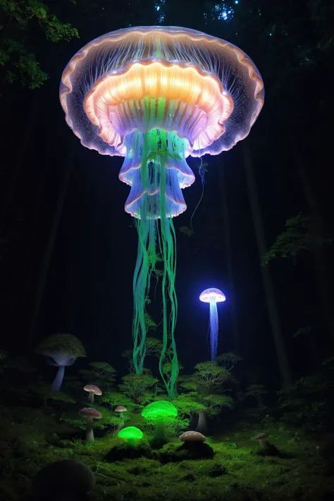 A jellyfish forest with mushrooms glowing in the dark, a forest fantasy in a nature scenery,
<cdt:d1=2;d2=2;hrs=1;hd1=2;hd2=2;st1=12;st2=0>