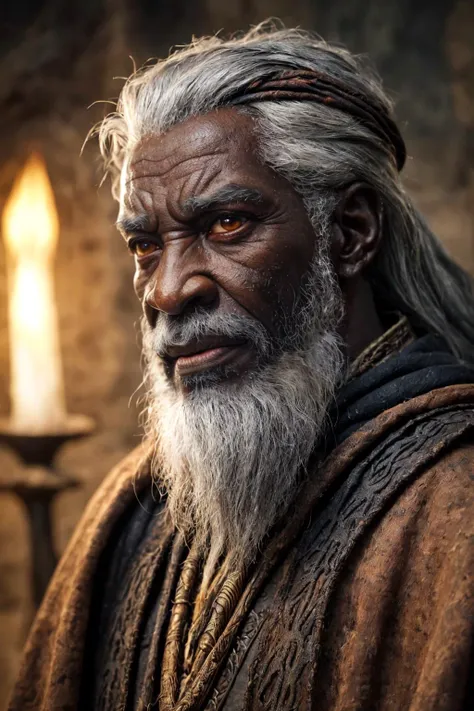 Detailed and realistic close shot portrait photo of an old, angry, gray haired African-looking wizard, medieval black and rust-colored clothing, soft and low light
<cdt:d1=1;d2=4;hrs=1;hd1=0;hd2=0;st1=6;st2=3>