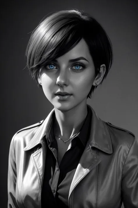 A photorealistic striking greyscale sketch in the vein of Shahab Alizadeh's work, showcasing a bright-blue eyed woman character with short hair dressed in a collared shirt and jacket adorned with jewelry maintaining her composure through a closed mouth expression while looking directly at the viewer.
<cdt:d1=2;d2=2;hrs=1;hd1=2;hd2=2;st1=12;st2=1>