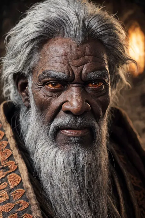 Detailed and realistic close shot portrait photo of an old, angry, gray haired African-looking wizard, medieval black and rust-colored clothing, soft and low light
<cdt:d1=1;d2=4;hrs=1;hd1=0;hd2=0;st1=6;st2=3>