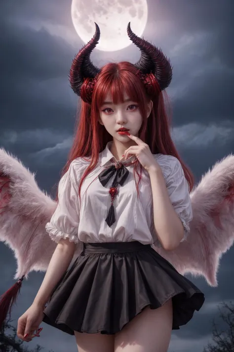 A high quality photo of a red eyed young demon ulzzang looking woman with demonic horns, wings and a tail wearing a skirt casting otherworldly charm with her enchanting gaze in a captivating pose under cloudy mystical sky at moonlit night