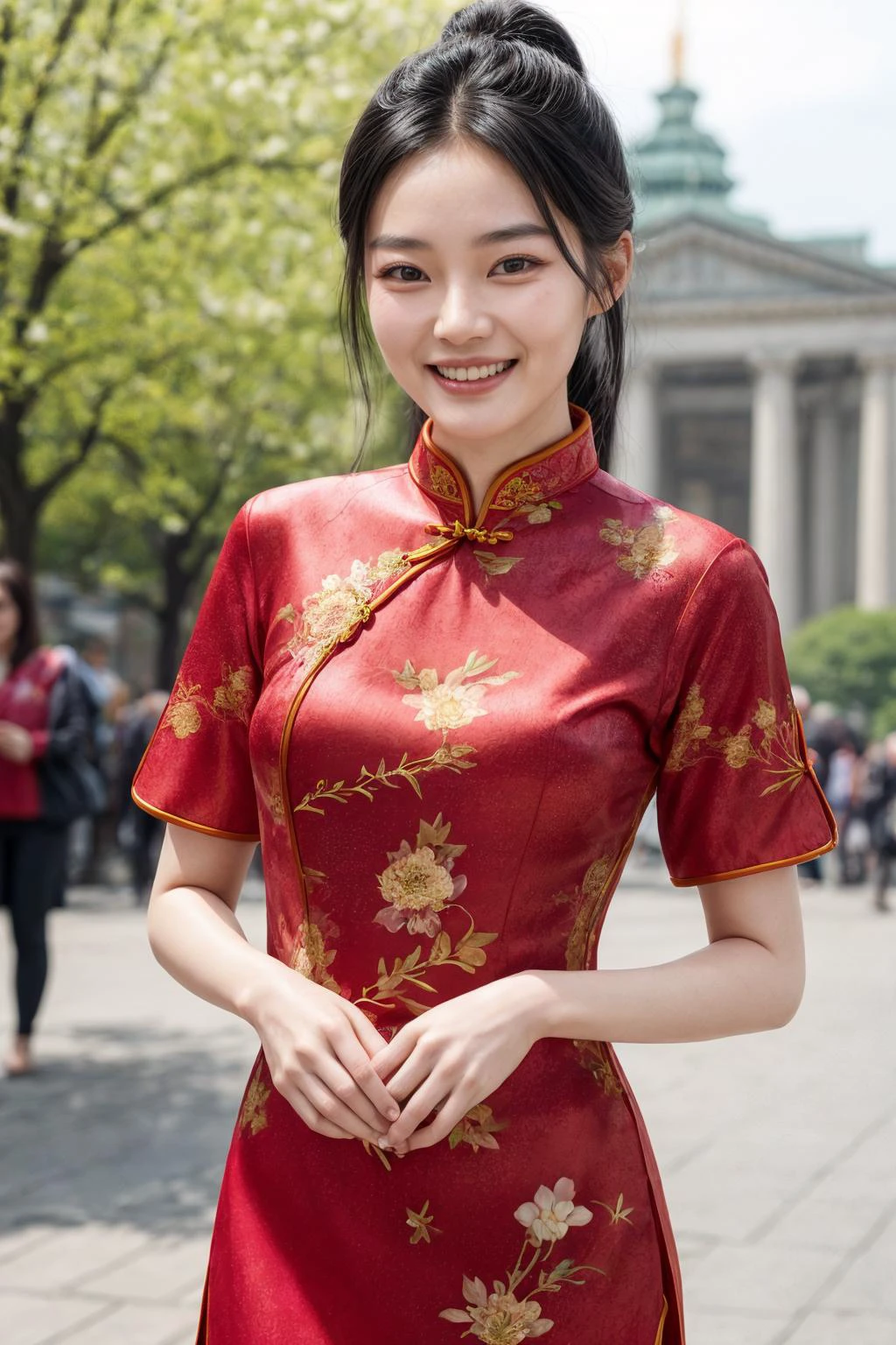 An adult smiling woman [Liu Wen | Ming Xi] wearing a trendy cheongsam,
spring,
Gendarmenmarkt,
[film grain, real life photo:0.25]
