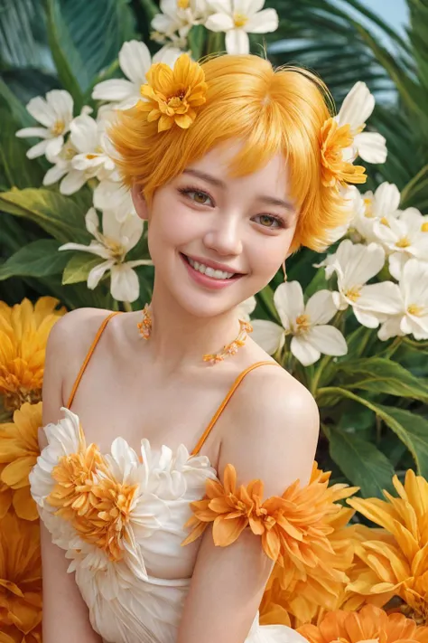 Smiling [ <'EM_1'> | <'EM_2'> | <'EM_3'> ] with her short yellow hair, orange eyes and captivating feminine body wearing white flower accessories on hot summer background in orange theme