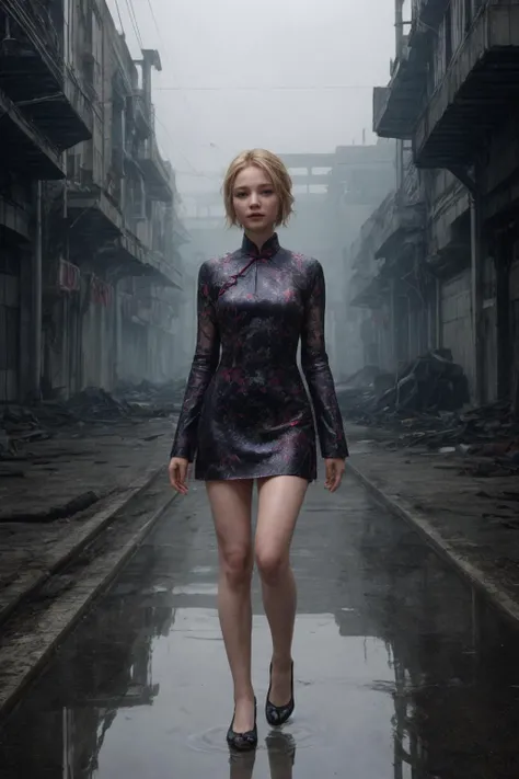 Well lit [ <'EM_1'> | <'EM_2'> | <'EM_3'> ] dressed in a classic cheongsam moving through dark complex industrial ruins, puddles, reflections, fog, smoke, a high quality photo in the style of Chris Cold