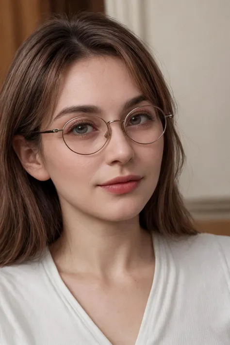 A high quality photo of a charming Italian adult woman wearing strong round glasses with thin lips and mouth ajar.