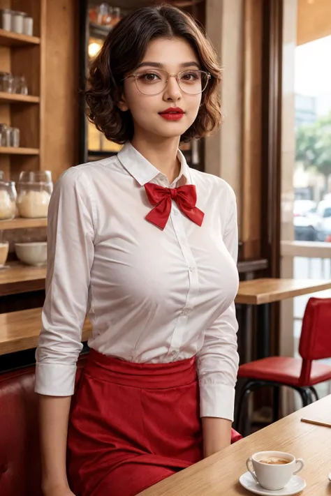 A young nerdy [ <'EM_1'> | <'EM_2'> | <'EM_3'> ] sitting in a café wearing a white shirt, neck bow, short curly haircut, slender, red lips, transparent fabric, cozy atmosphere, warm light