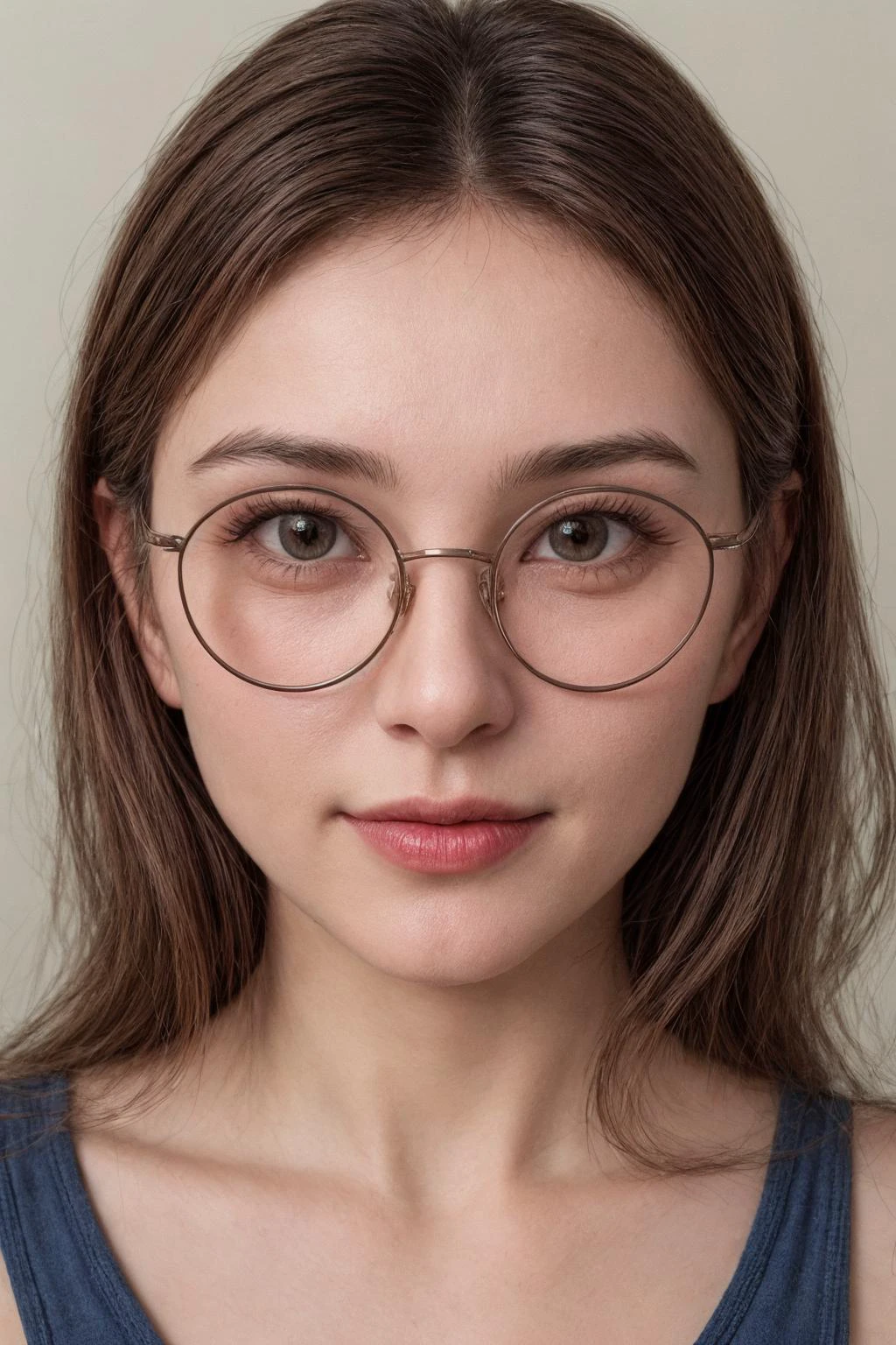 A high quality photo of a charming Italian adult woman wearing strong round glasses with thin lips and mouth ajar.
