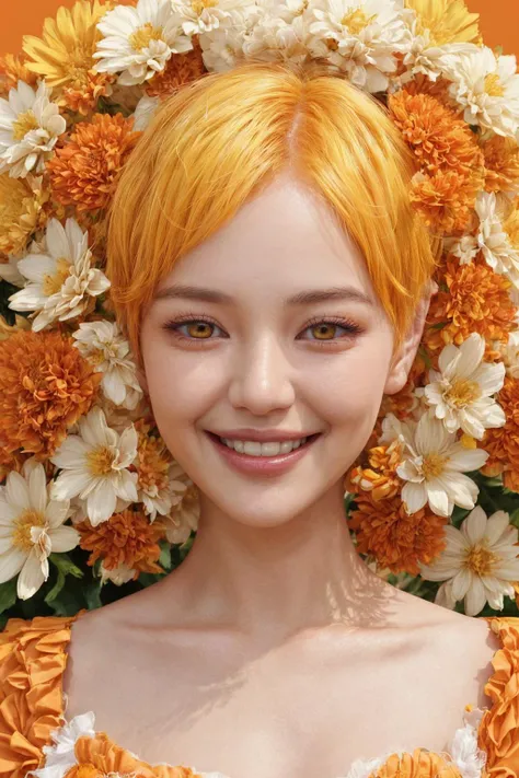 Smiling [ <'EM_1'> | <'EM_2'> | <'EM_3'> ] with her short yellow hair, orange eyes and captivating feminine curves wearing white flower accessories on hot summer background in orange theme