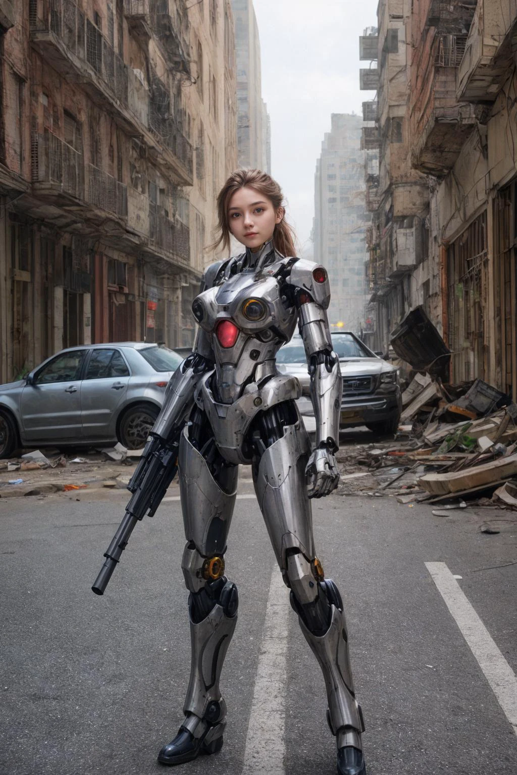 A high quality photo of a young mecha woman with a big gun on a ruined city street