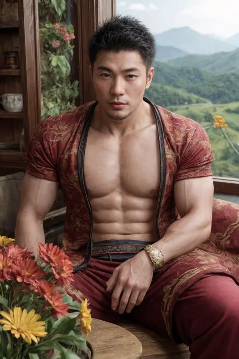 A photoportrait of a gruff muscular Chinese man wearing stylish clothes in a cozy mountain inn overlooking a valley, manly, athletic, stubble, arm hair, rule of thirds, flowers and plants, sharp focus, cinematic lighting