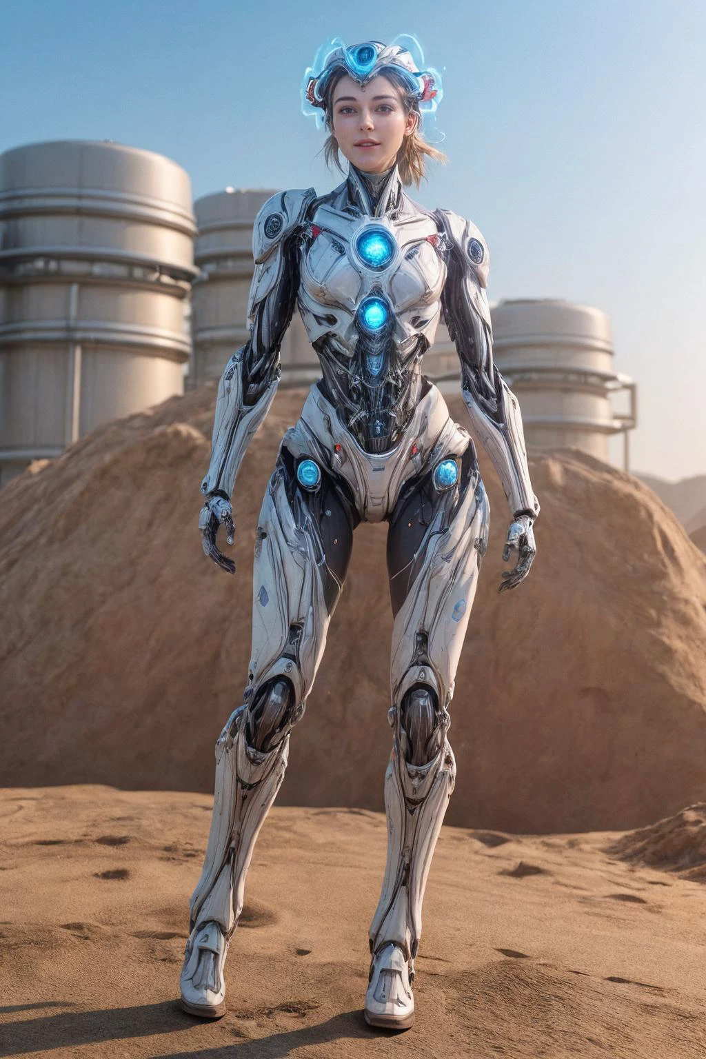 A professional high quality photo of a feminine biomechanical unit in action outdoors, overloaded integrated reactor, shining elements, glowing gaps, subsurface scattering