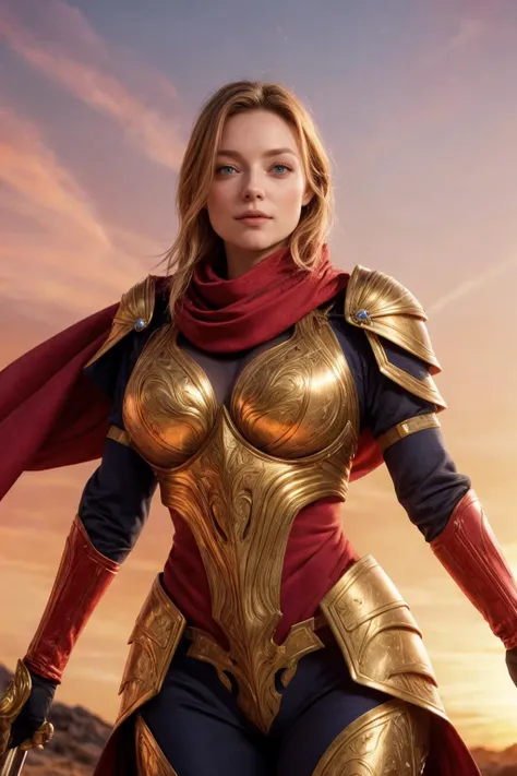 A high quality photo of a knight of the order [ <'EM_1'> | <'EM_2'> | <'EM_3'> ] with sparkling eyes, short wild hair and gigantic breasts wearing a full armor set with red scarf in a dynamic pose at golden hour under red sky at sunset. Romantic fantasy in the style of Karol Bak